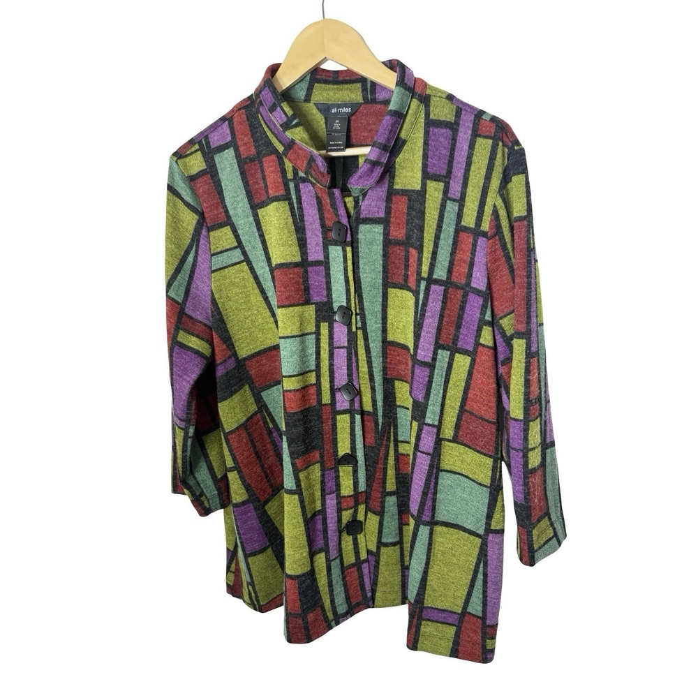 Ali Miles cardigan sweater sz 2X abstract space print button front 3/4 sleeve